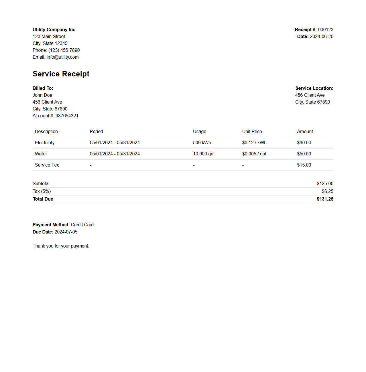 Simple Utility Service Receipt Layout