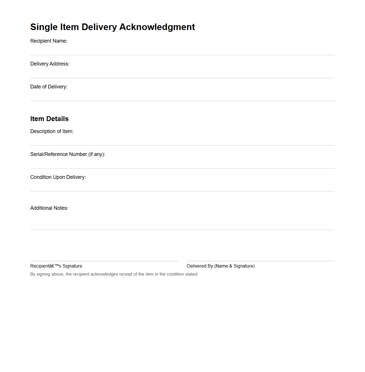 Single Item Delivery Acknowledgment Template