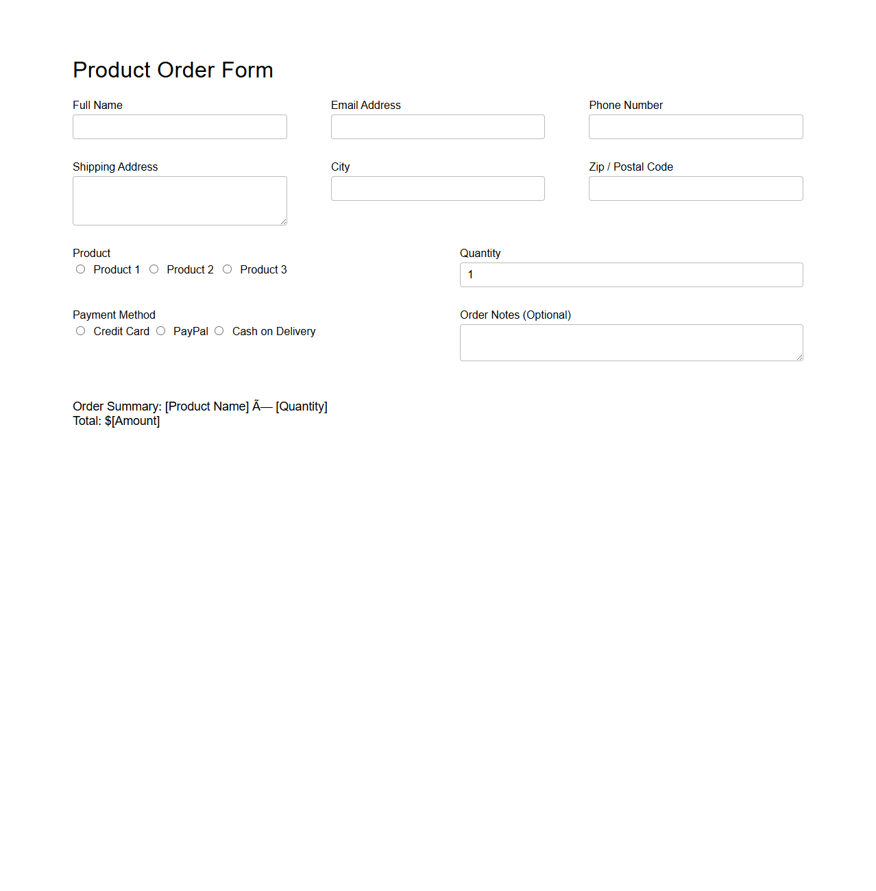Single Page Product Order Form Template