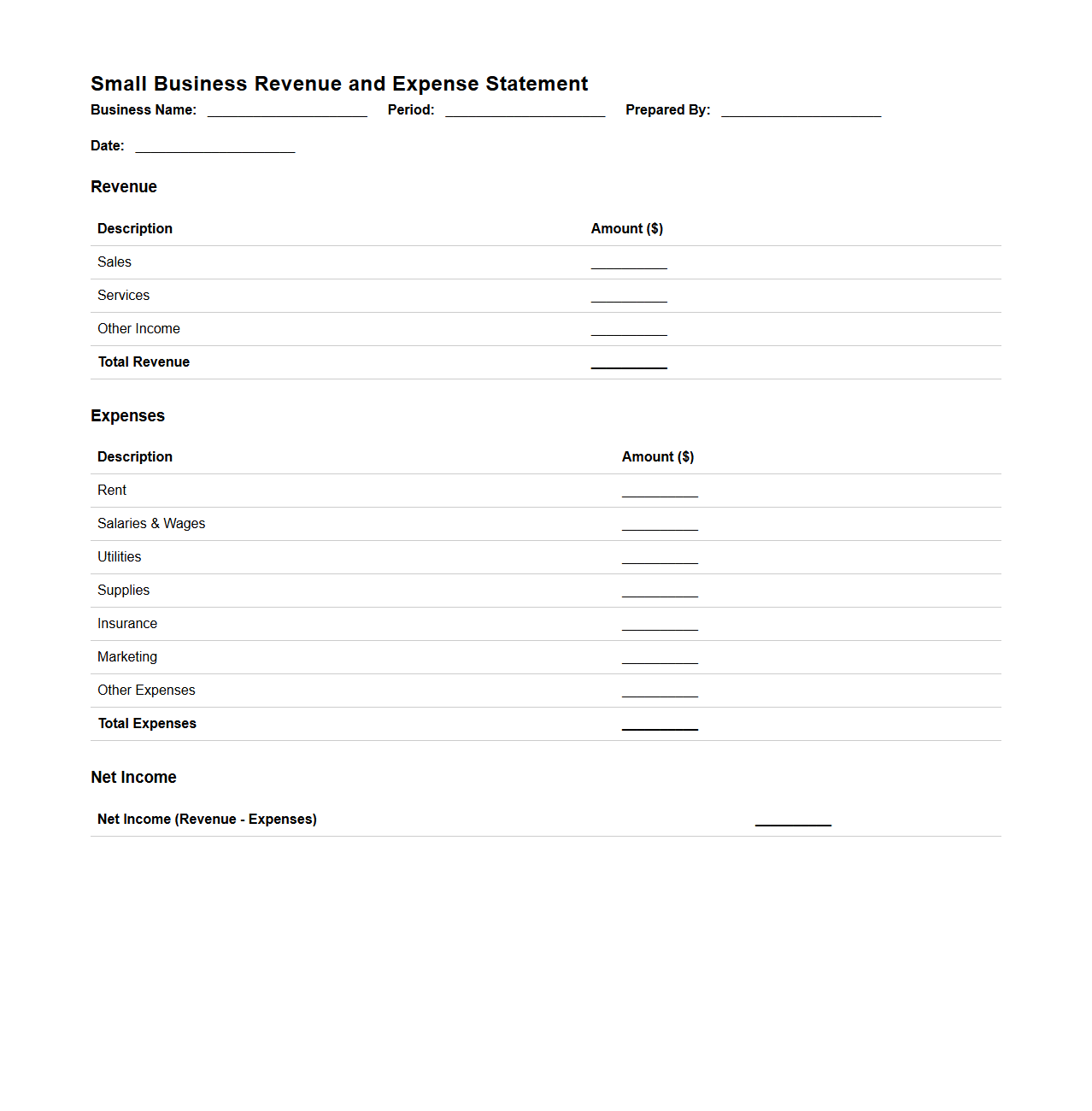 Small Business Revenue and Expense Statement Sheet