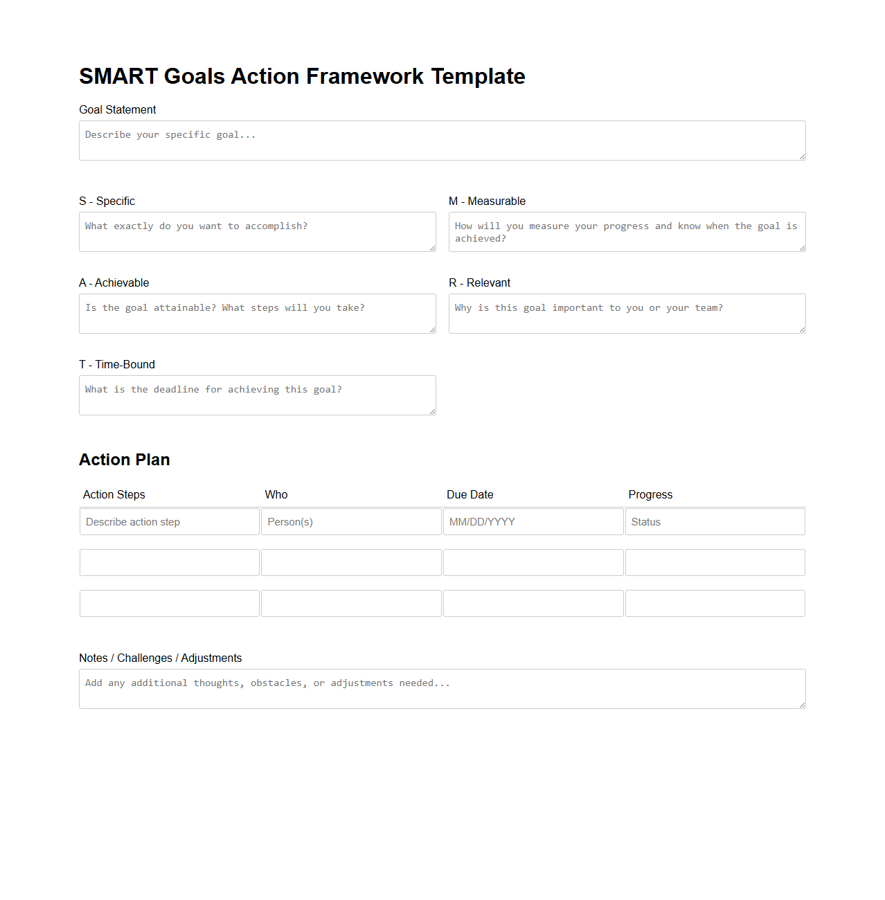SMART Goals Action Framework Template