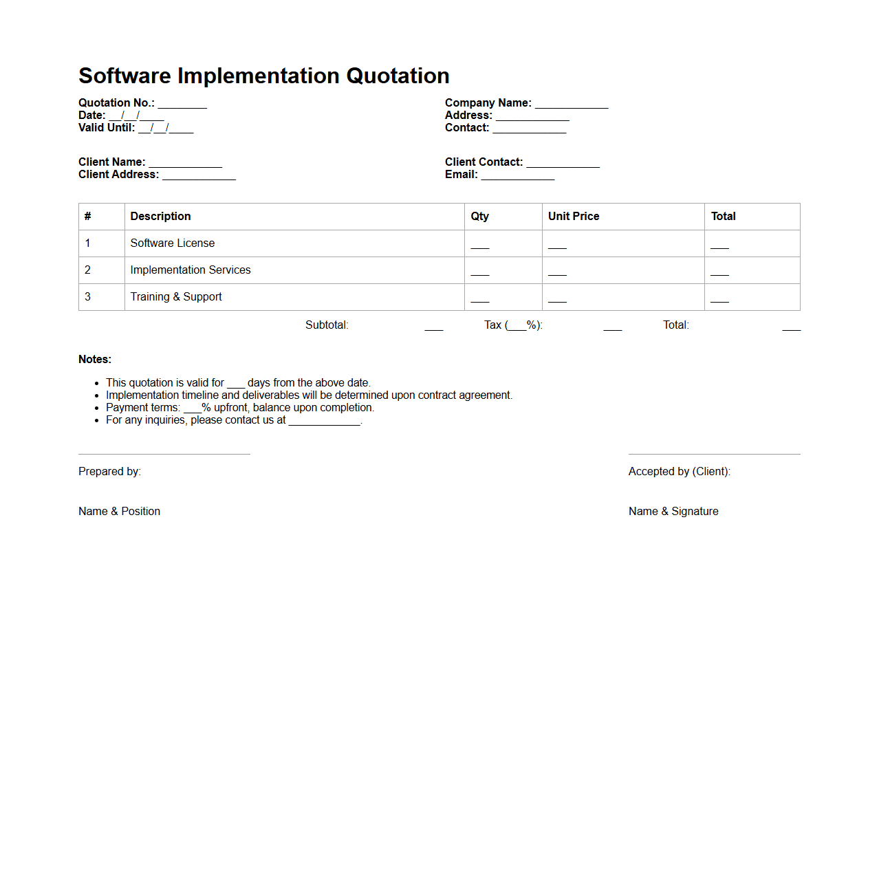 Software Implementation Quotation Layout