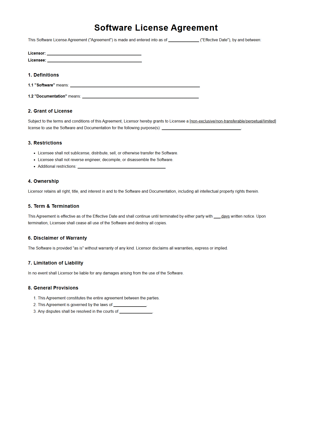 Software License Agreement Blank Draft