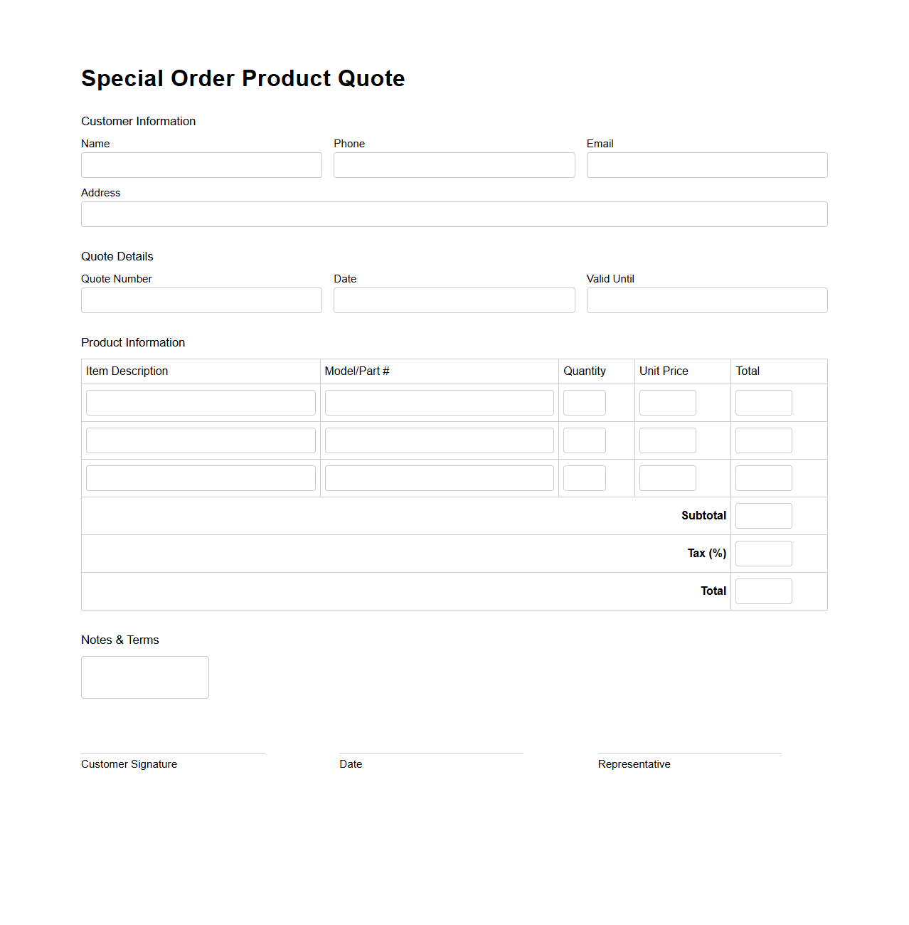 Special Order Product Quote Template