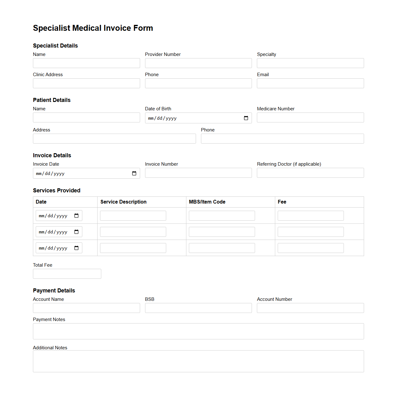 Specialist Medical Invoice Form