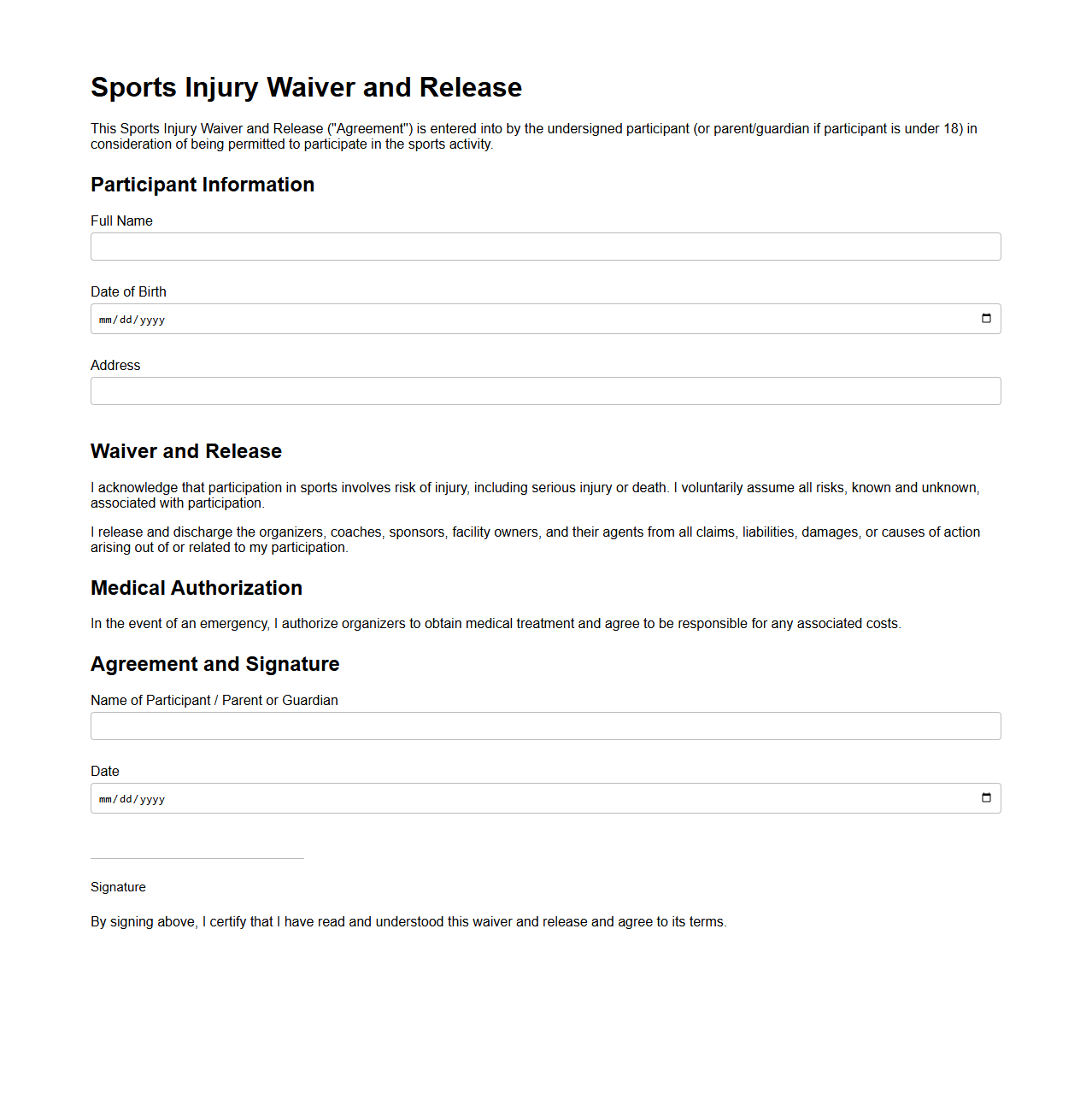 Sports Injury Waiver and Release Template
