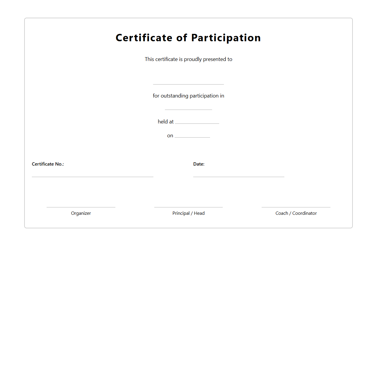 Sports Participation Blank Certificate Format