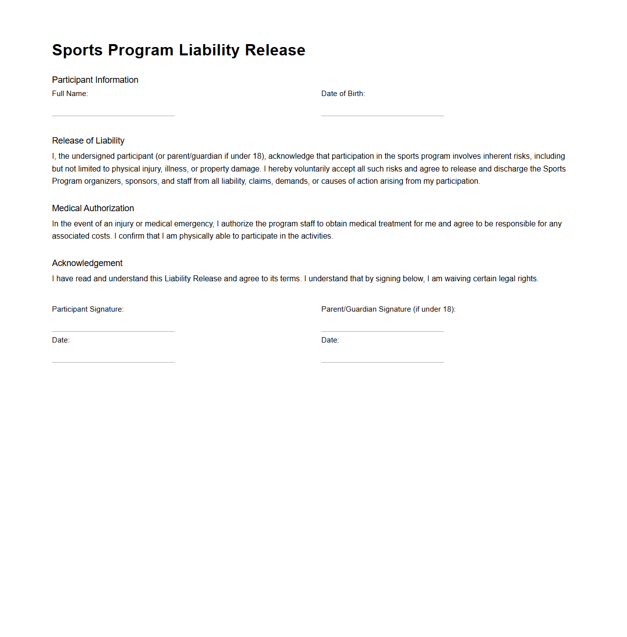 Sports Program Liability Release Document