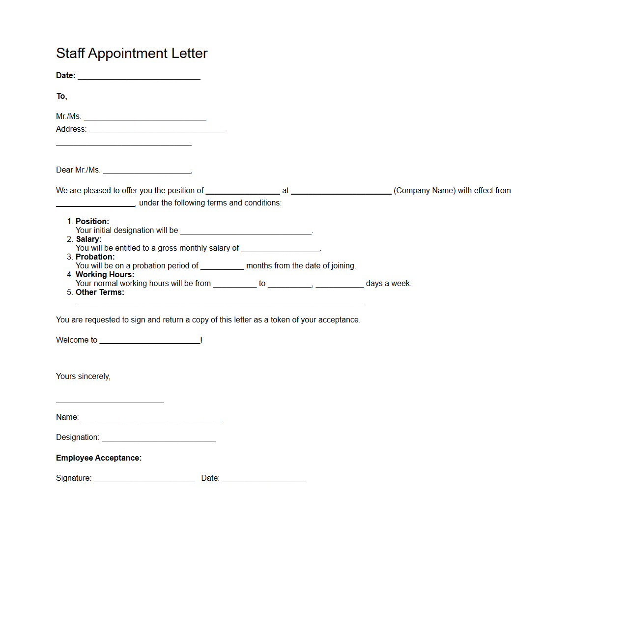 Staff Appointment Letter Template