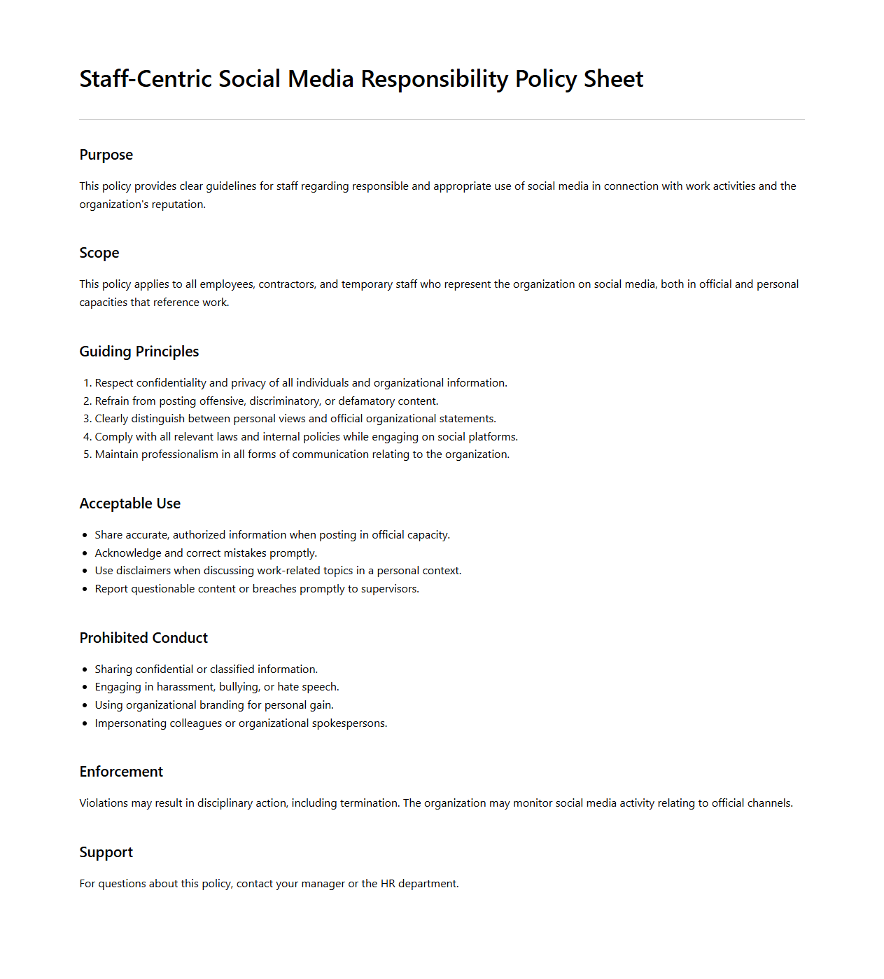 Staff-Centric Social Media Responsibility Policy Sheet