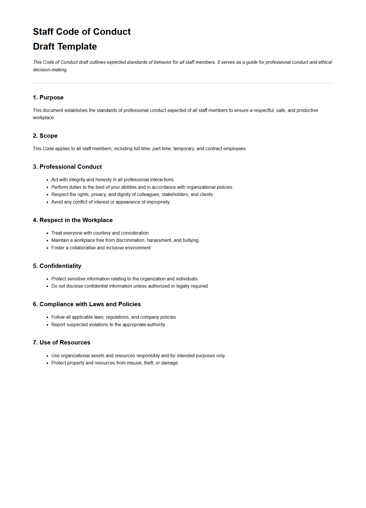 Staff Code of Conduct Draft Template