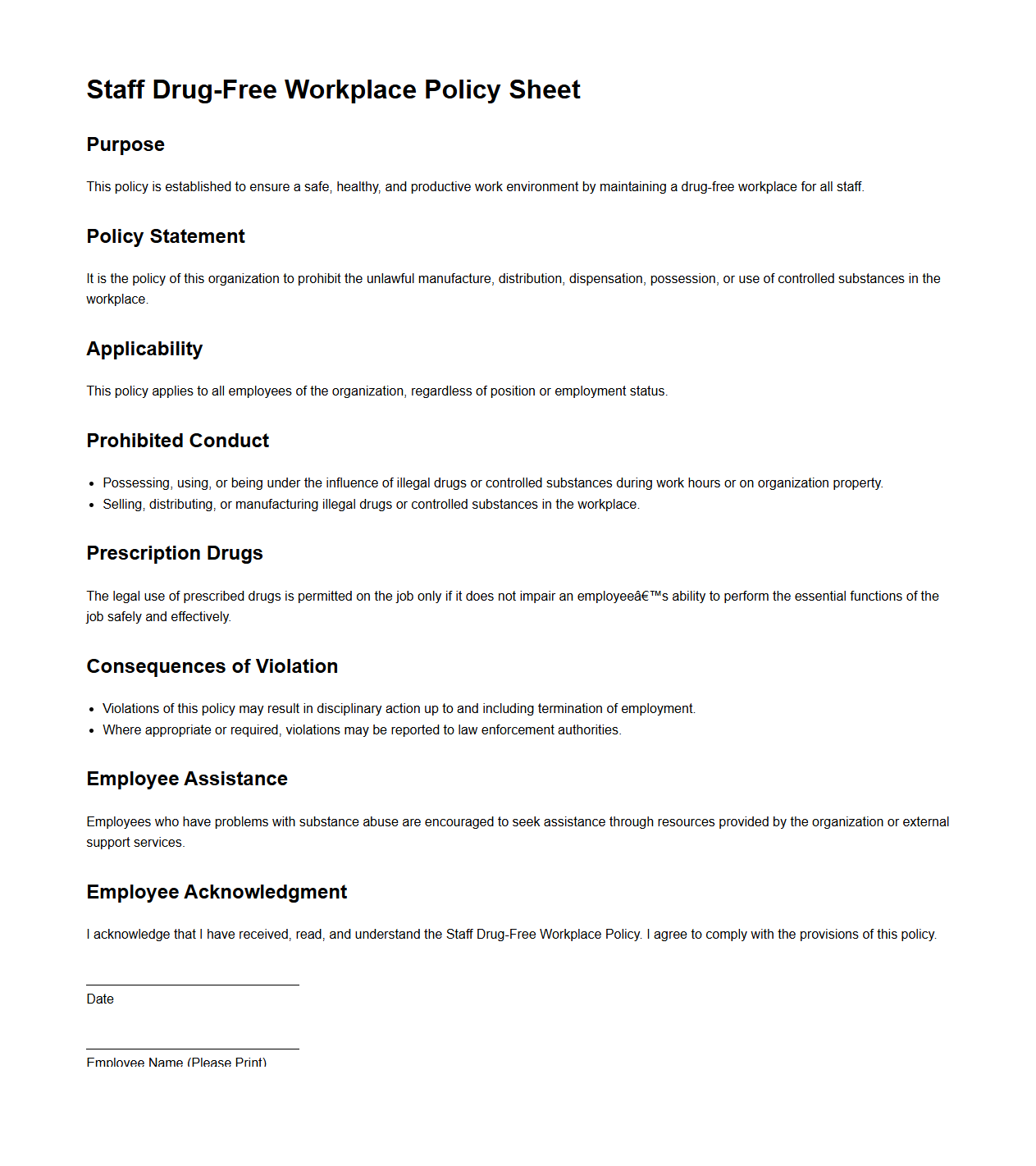 Staff Drug-Free Workplace Policy Sheet