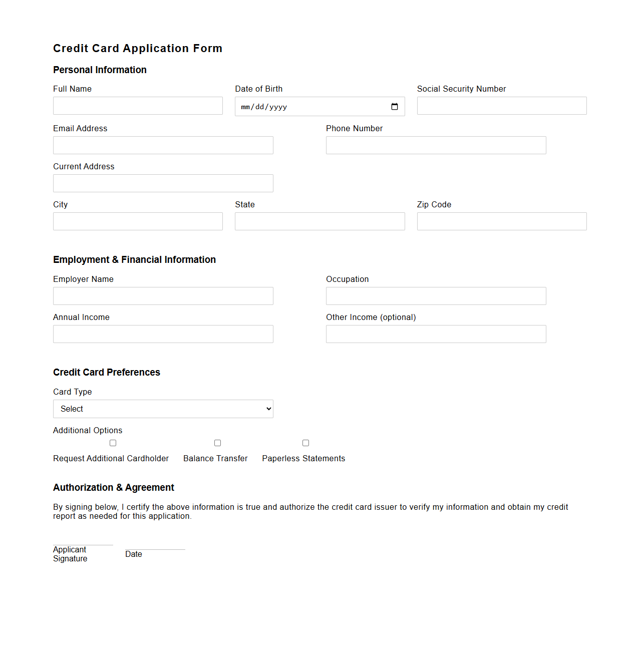 Standard Blank Credit Card Application Form Template