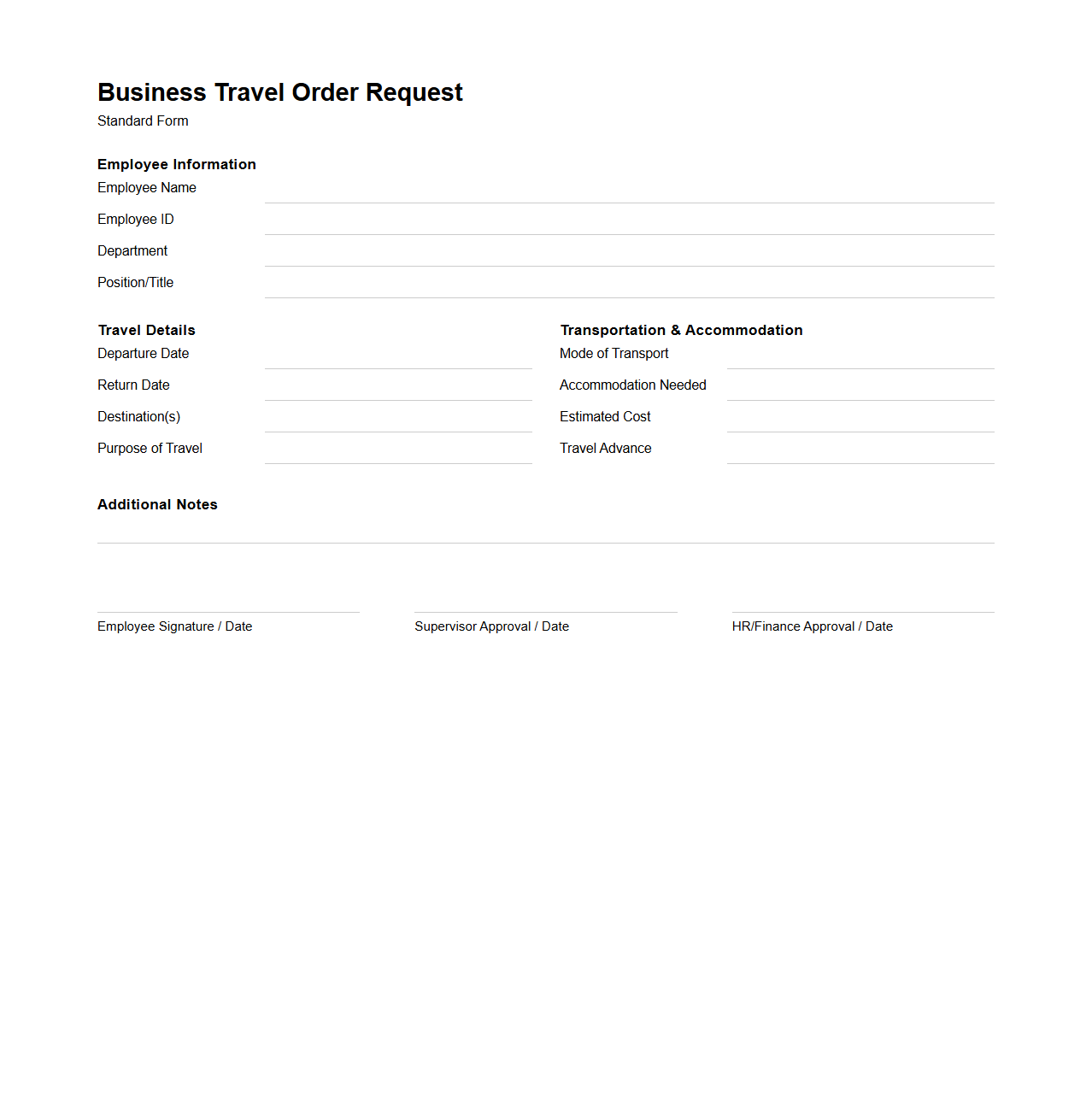 Standard Business Travel Order Request