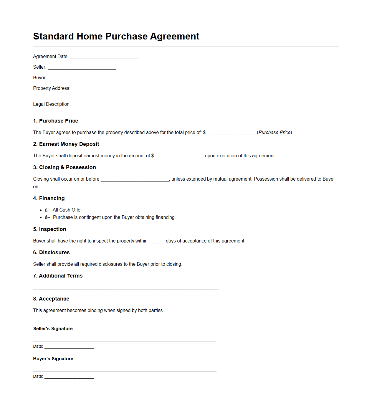 Standard Home Purchase Agreement Template