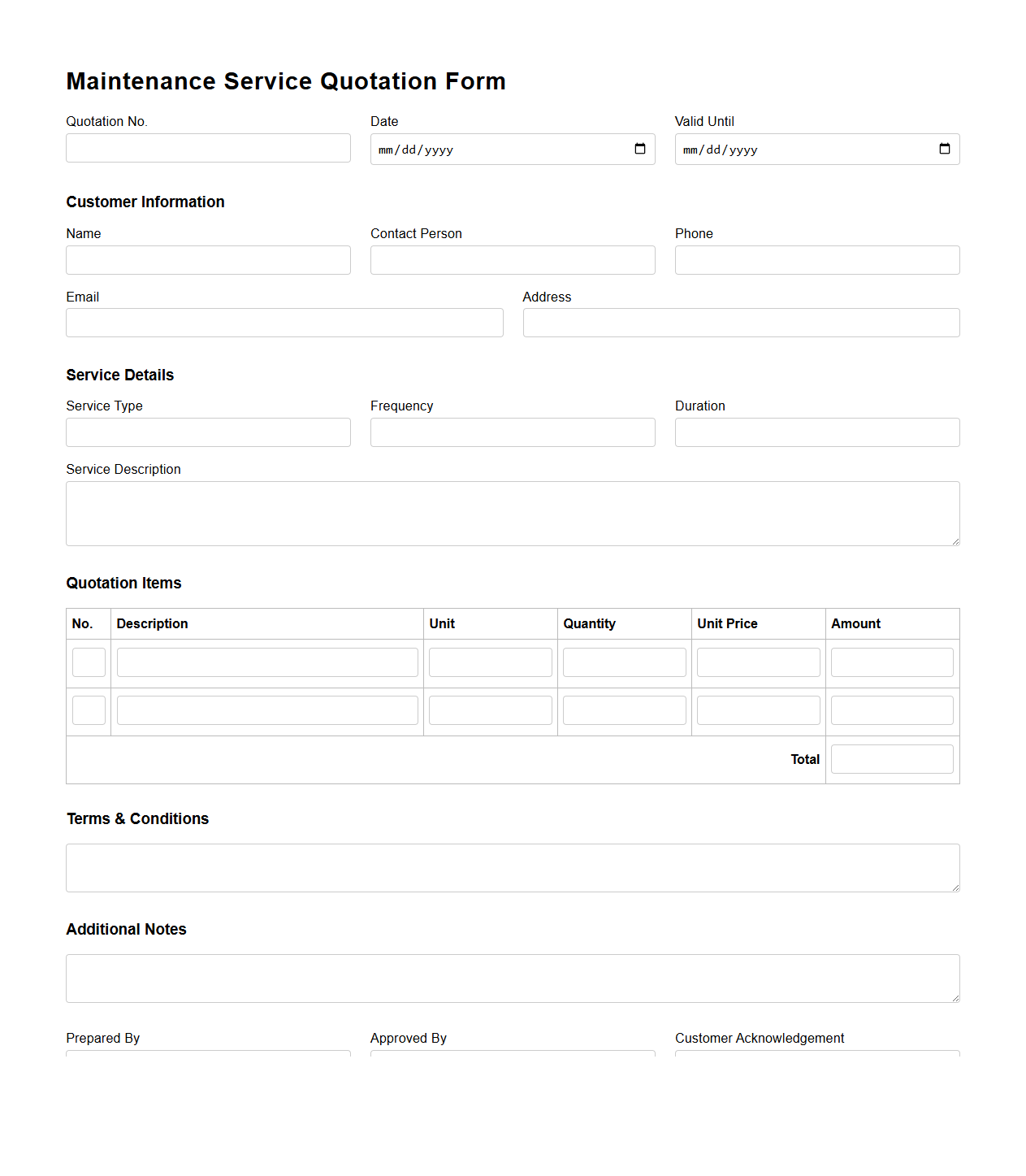 Standard Maintenance Service Quotation Form