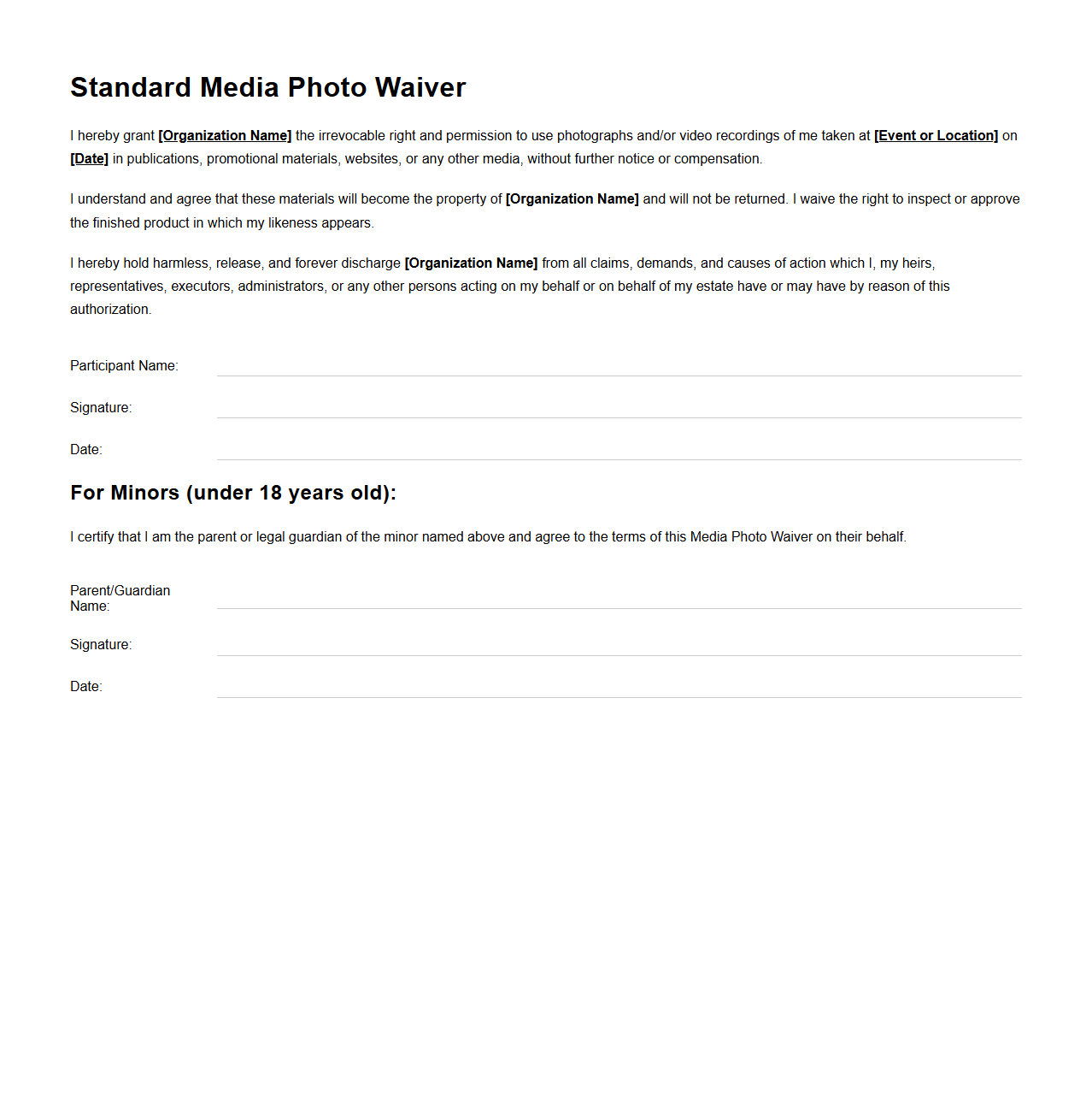 Standard Media Photo Waiver Template