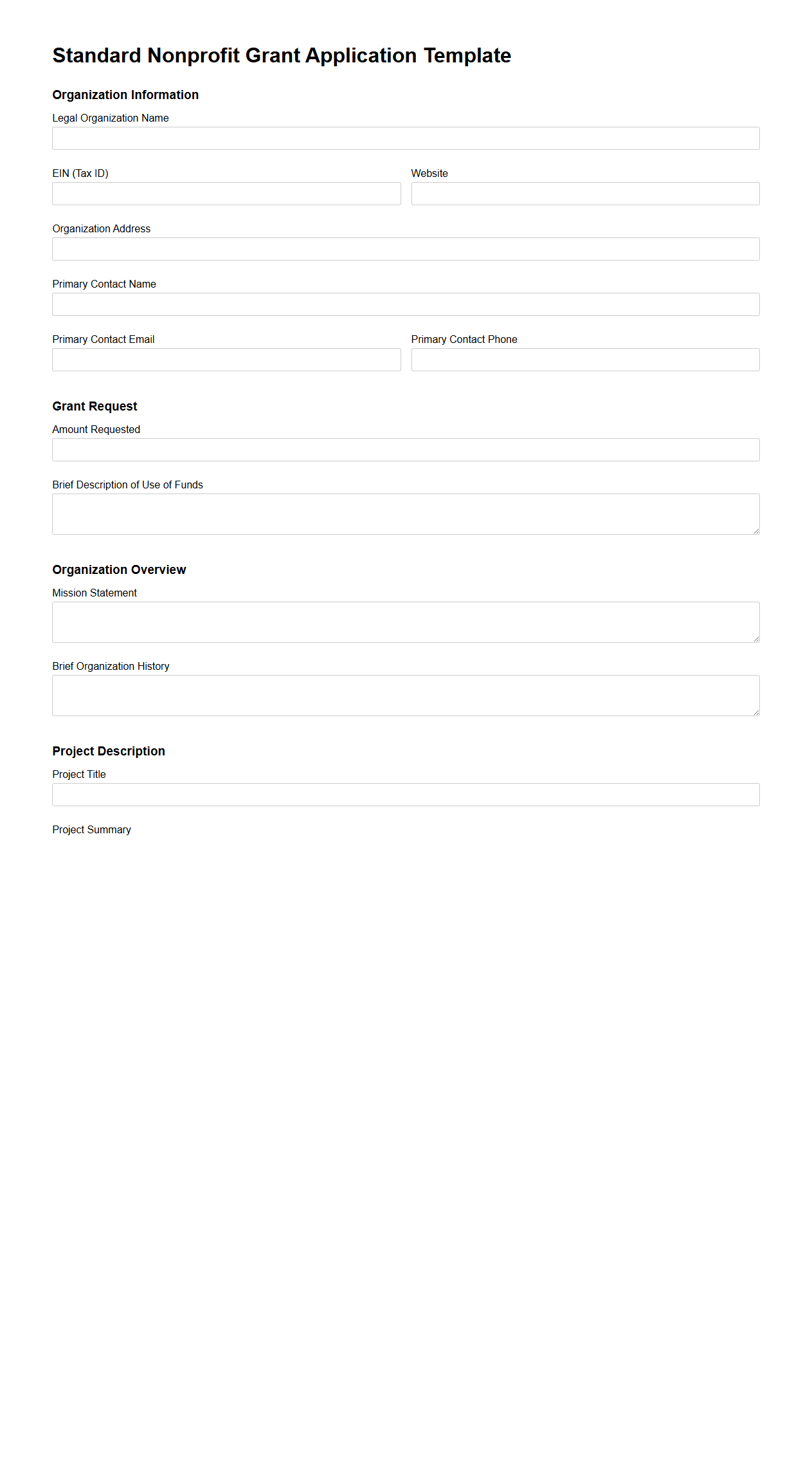 Standard Nonprofit Grant Application Template