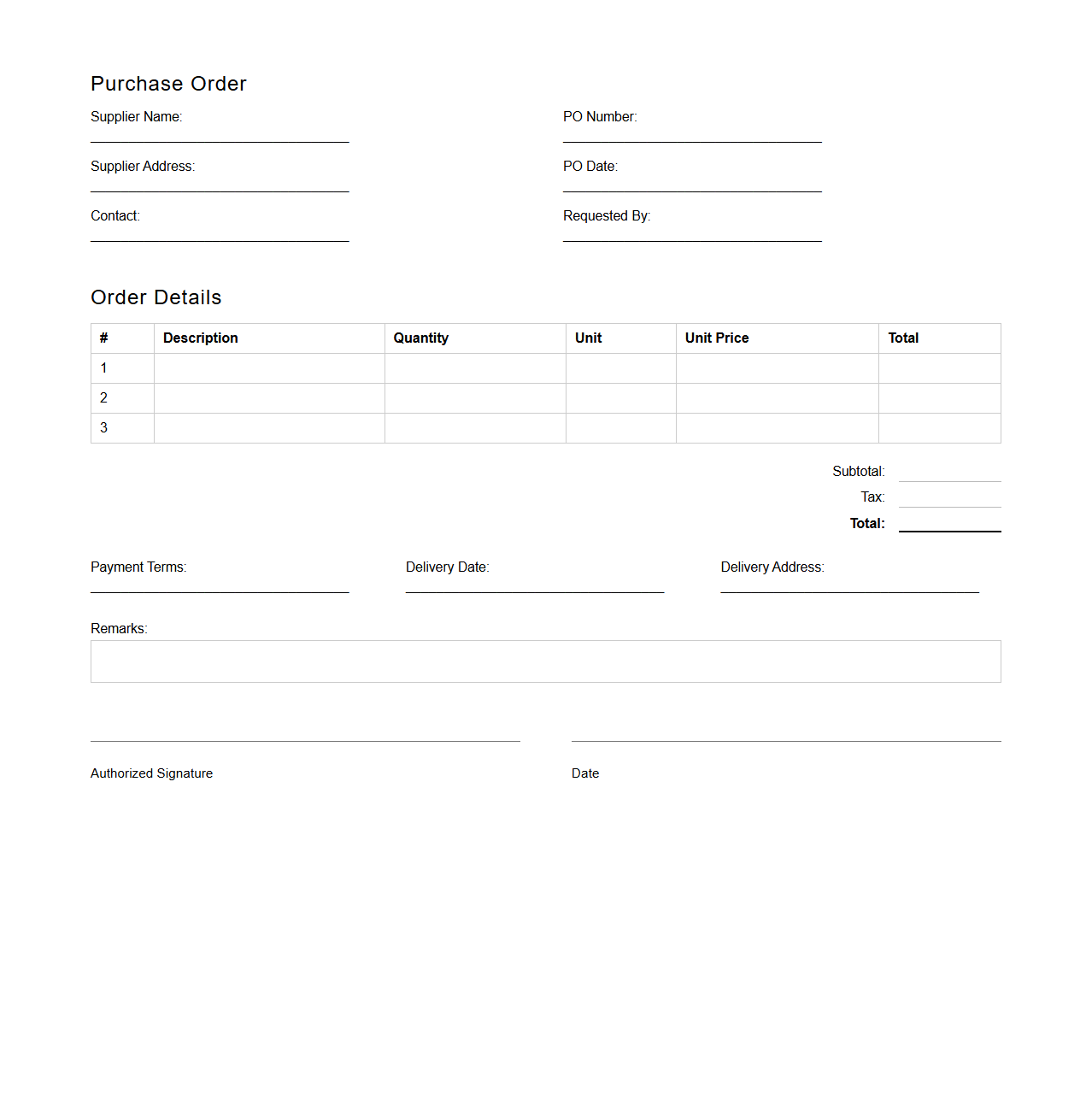 Standard Procurement Purchase Order Sheet
