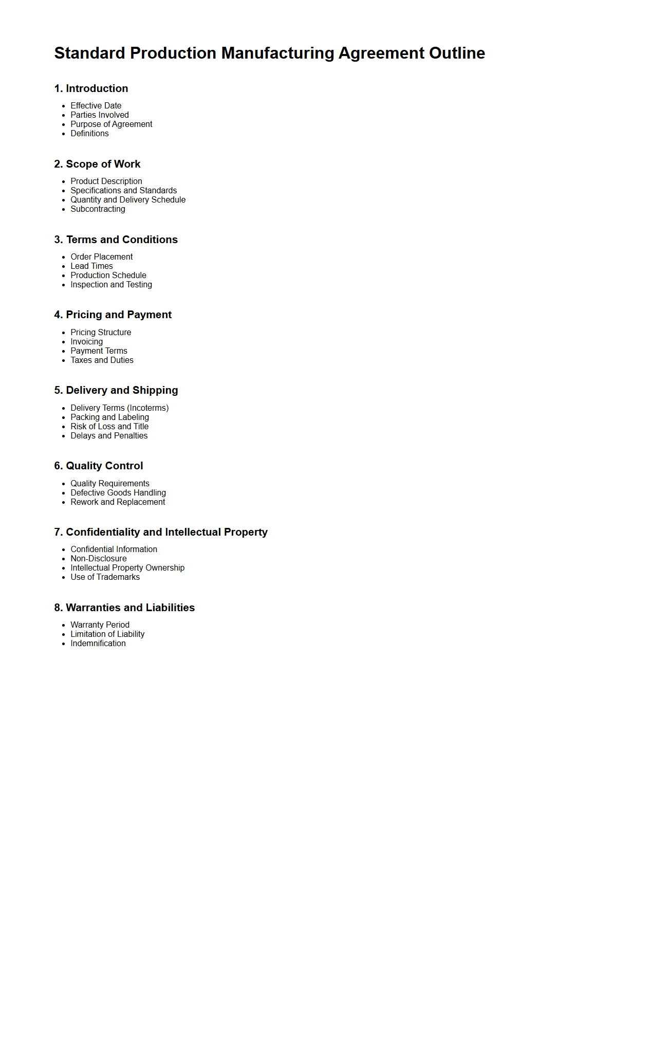 Standard Production Manufacturing Agreement Outline
