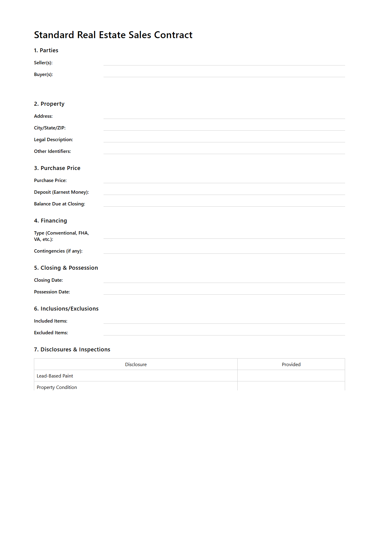 Standard Real Estate Sales Contract Template