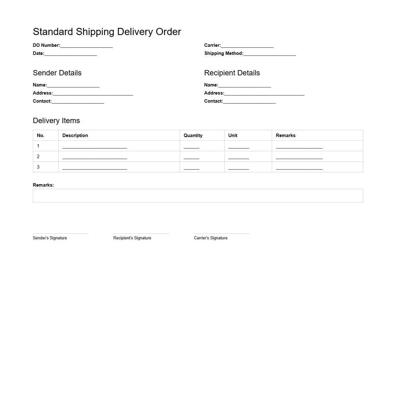 Standard Shipping Delivery Order Format