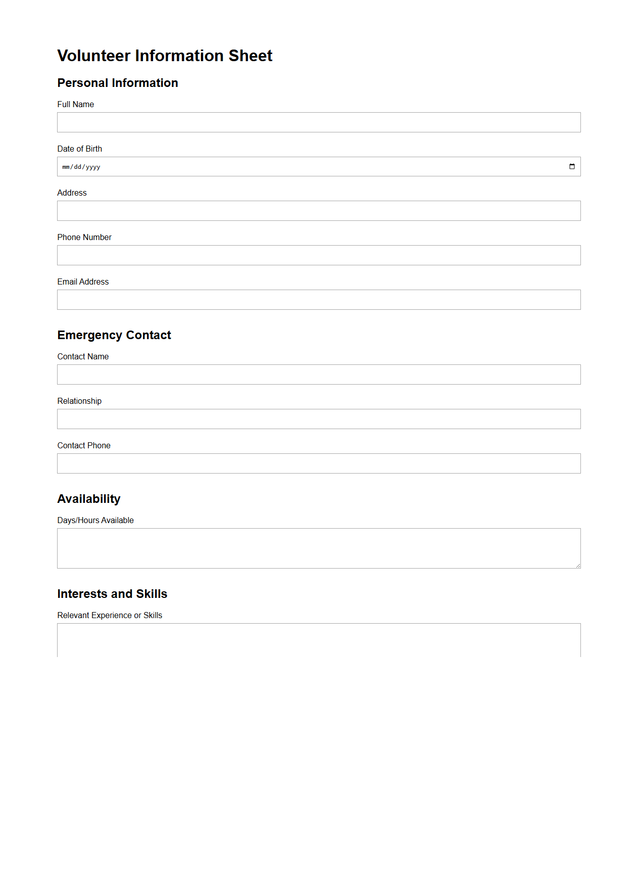 Standard Volunteer Information Sheet for Nonprofits