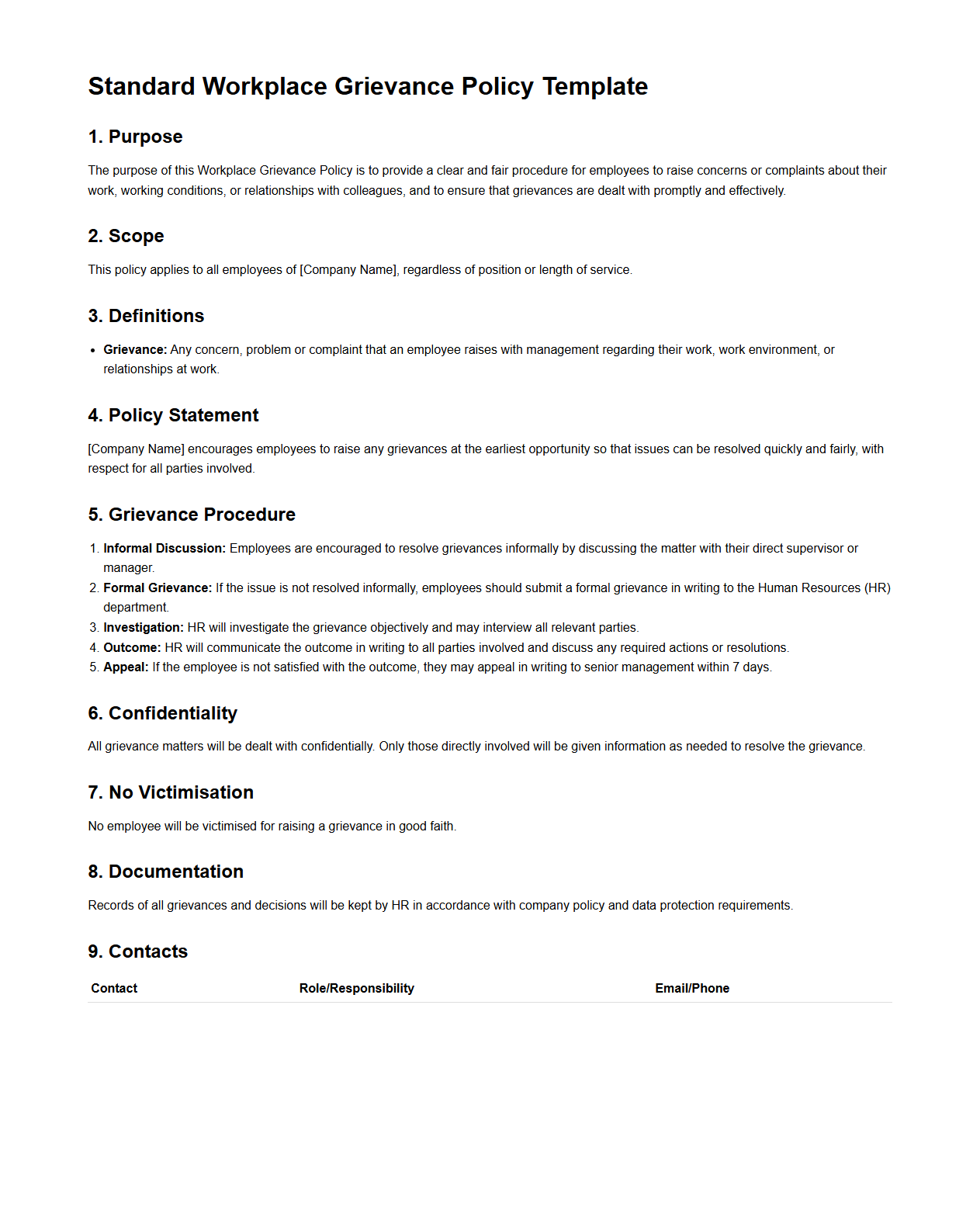 Standard Workplace Grievance Policy Template
