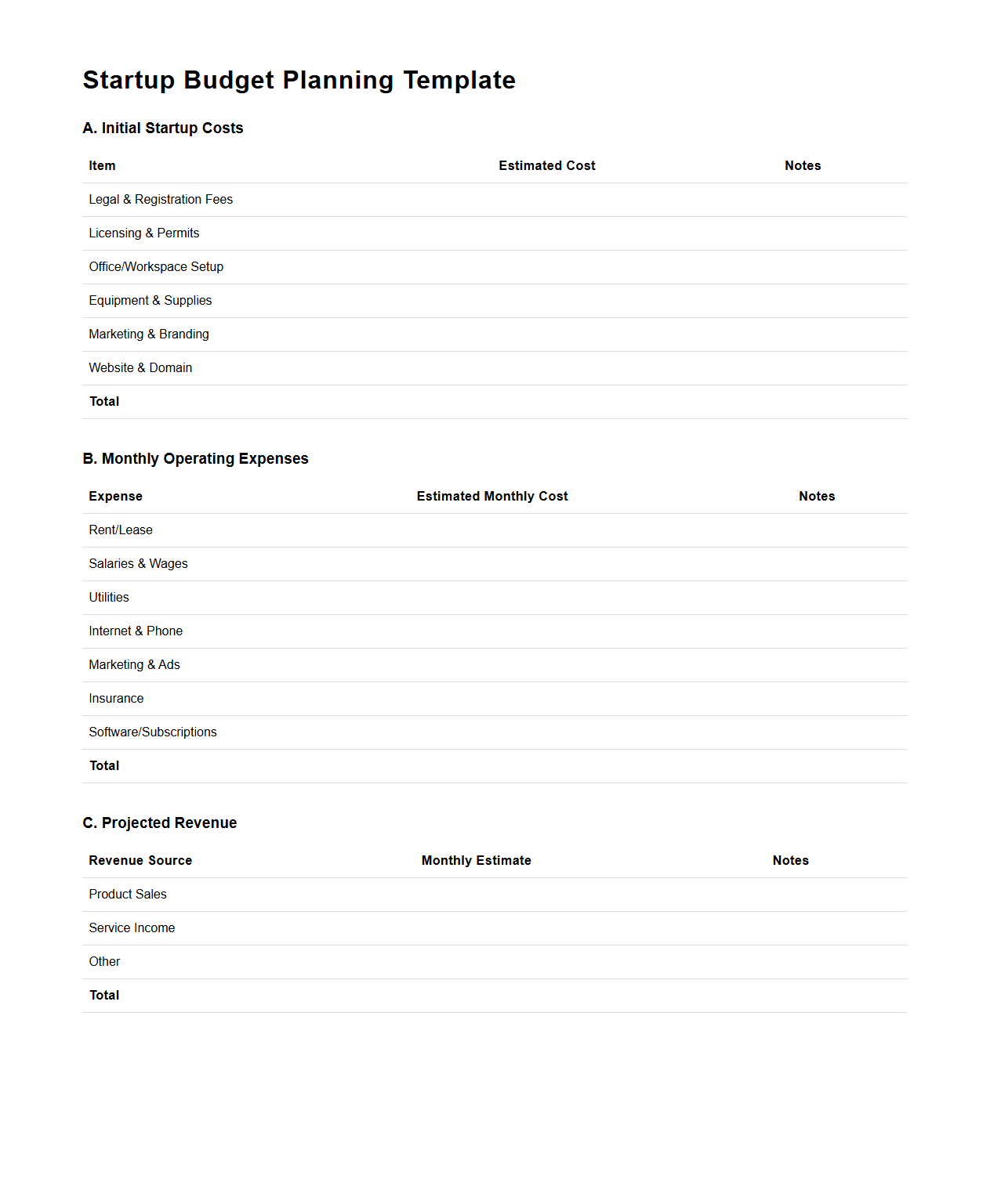Startup Budget Planning Template for Entrepreneurs
