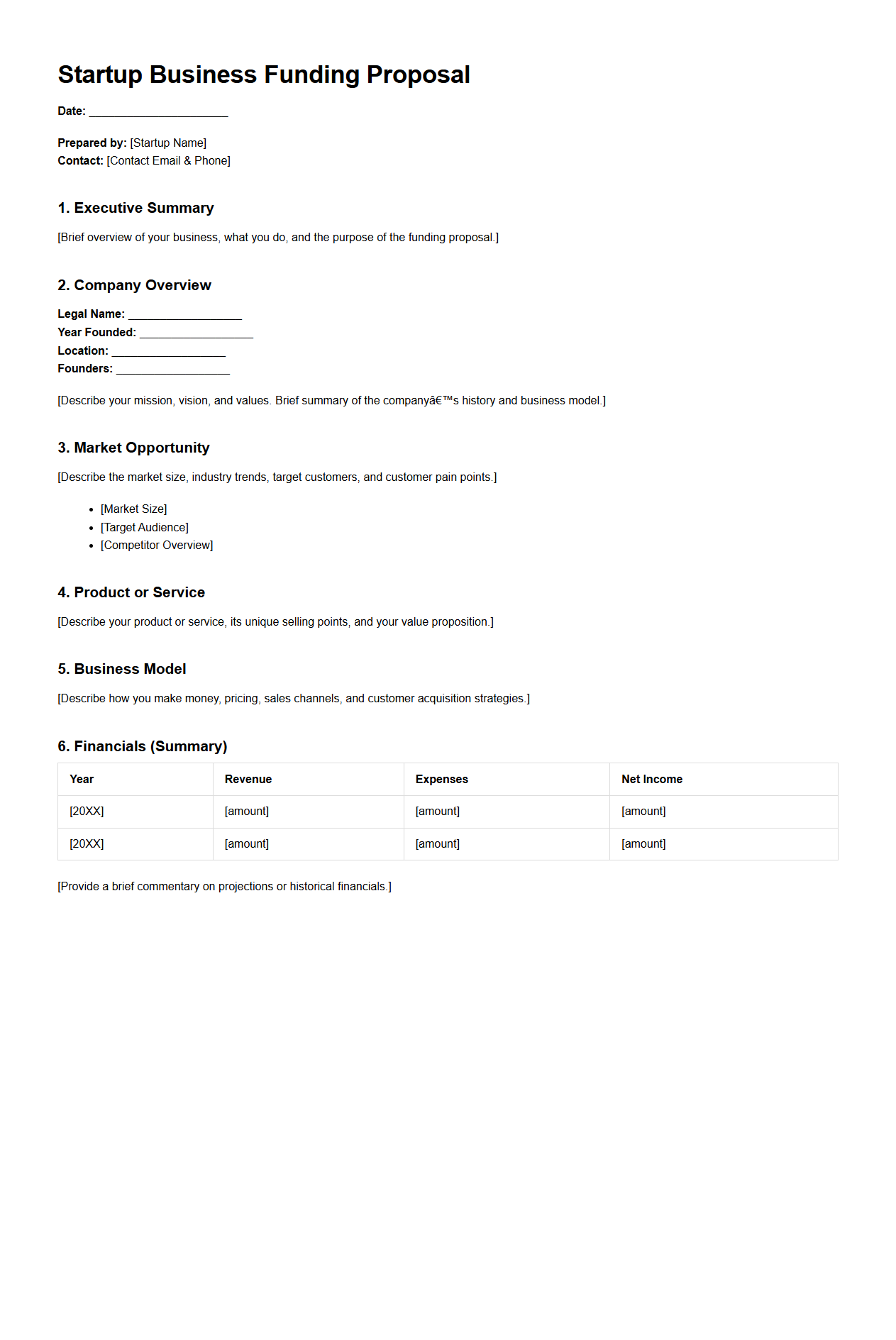 Startup Business Funding Proposal Document