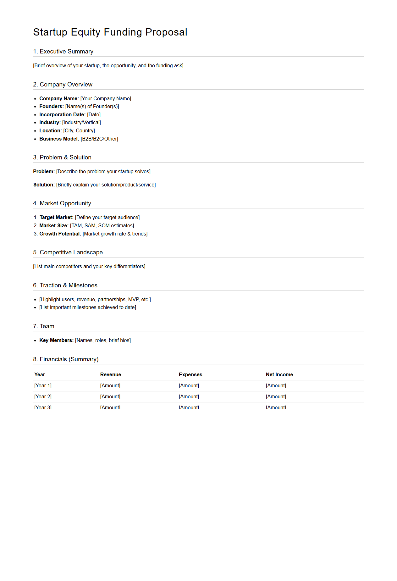 Startup Equity Funding Proposal Format