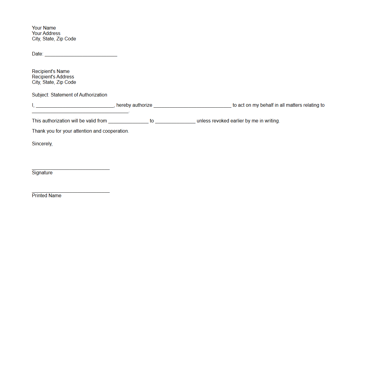 Statement of Authorization Letter Template