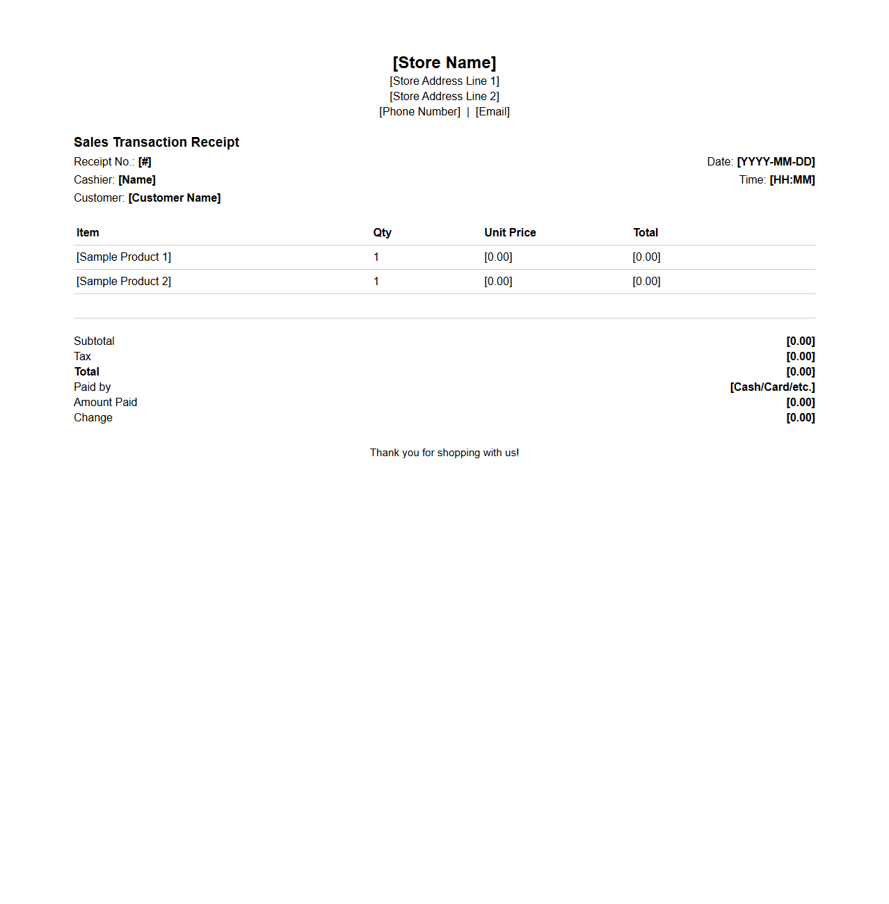 Storefront Sales Transaction Receipt Format