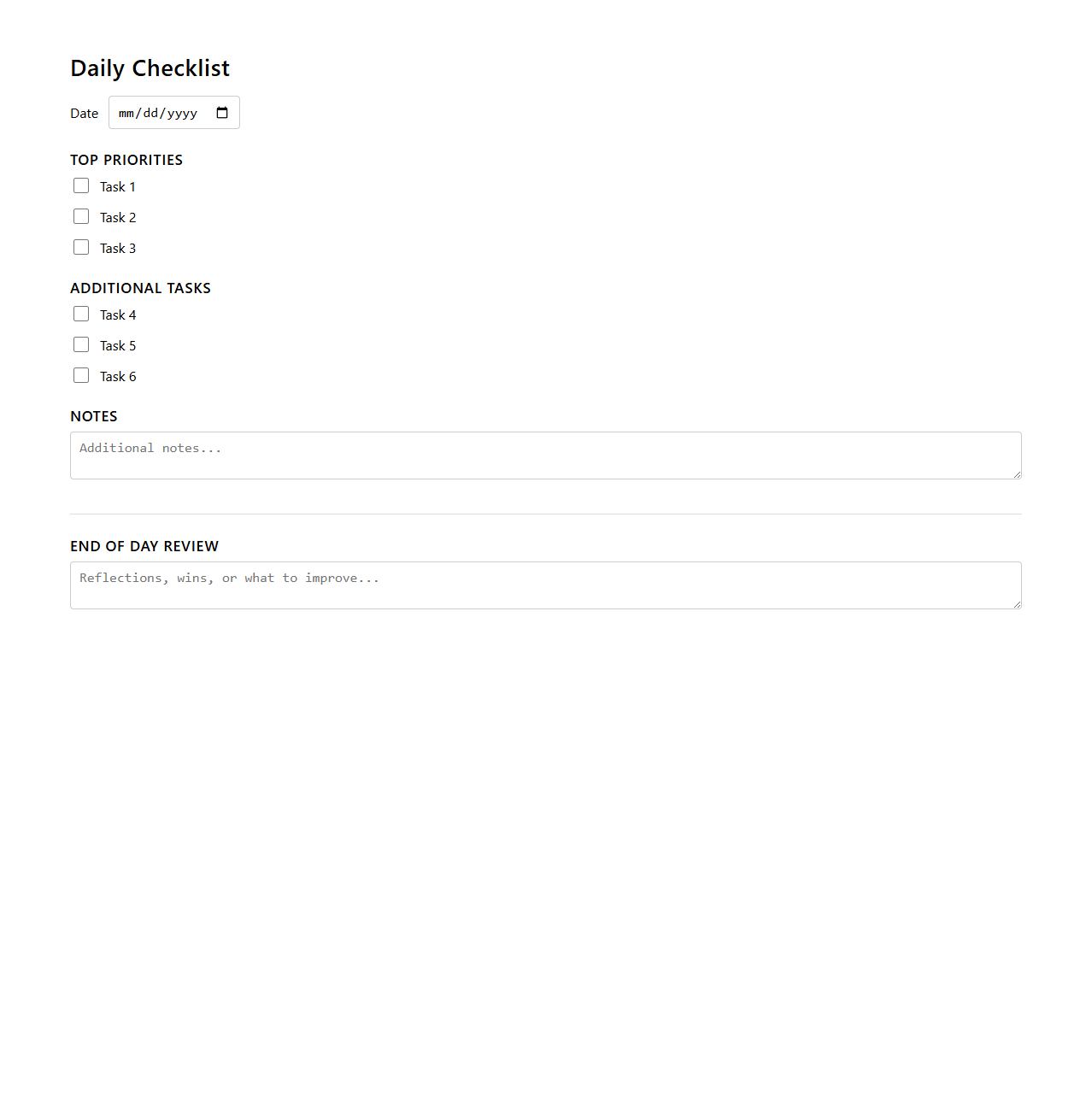 Streamlined Daily Checklist Format for Focused Planning