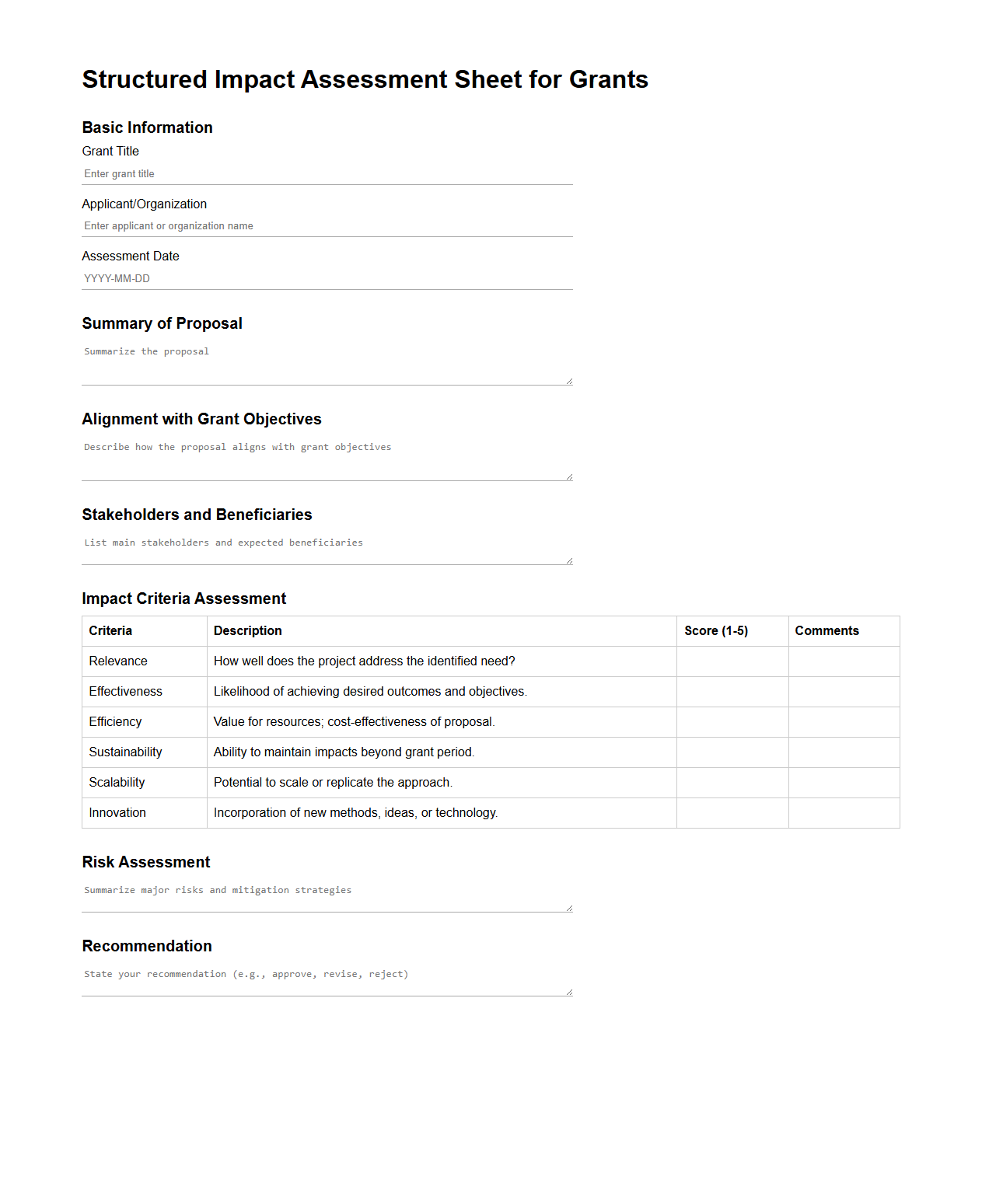 Structured Impact Assessment Sheet for Grants