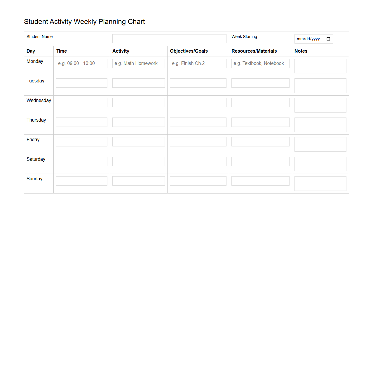 Student Activity Weekly Planning Chart