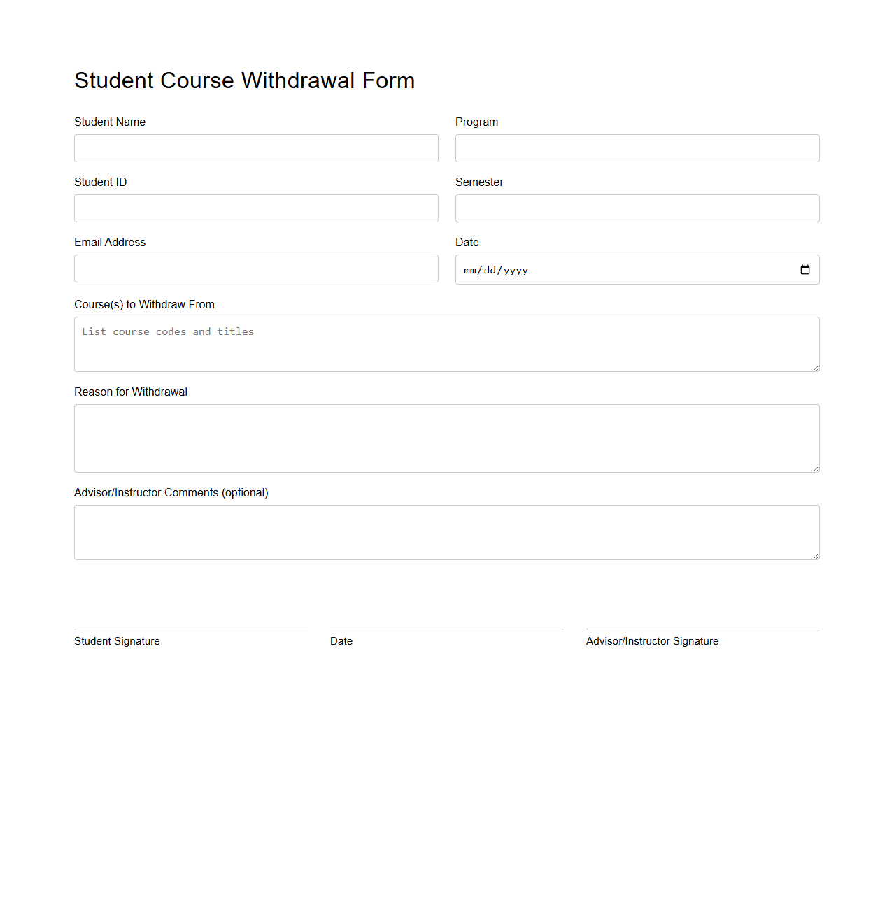 Student Course Withdrawal Form Template