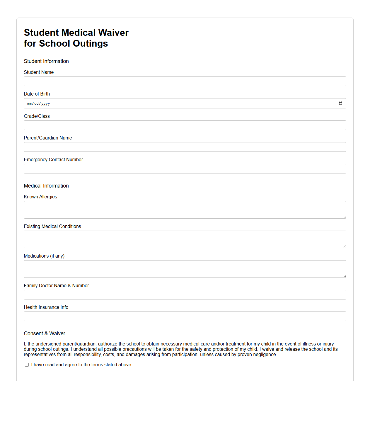 Student Medical Waiver for School Outings