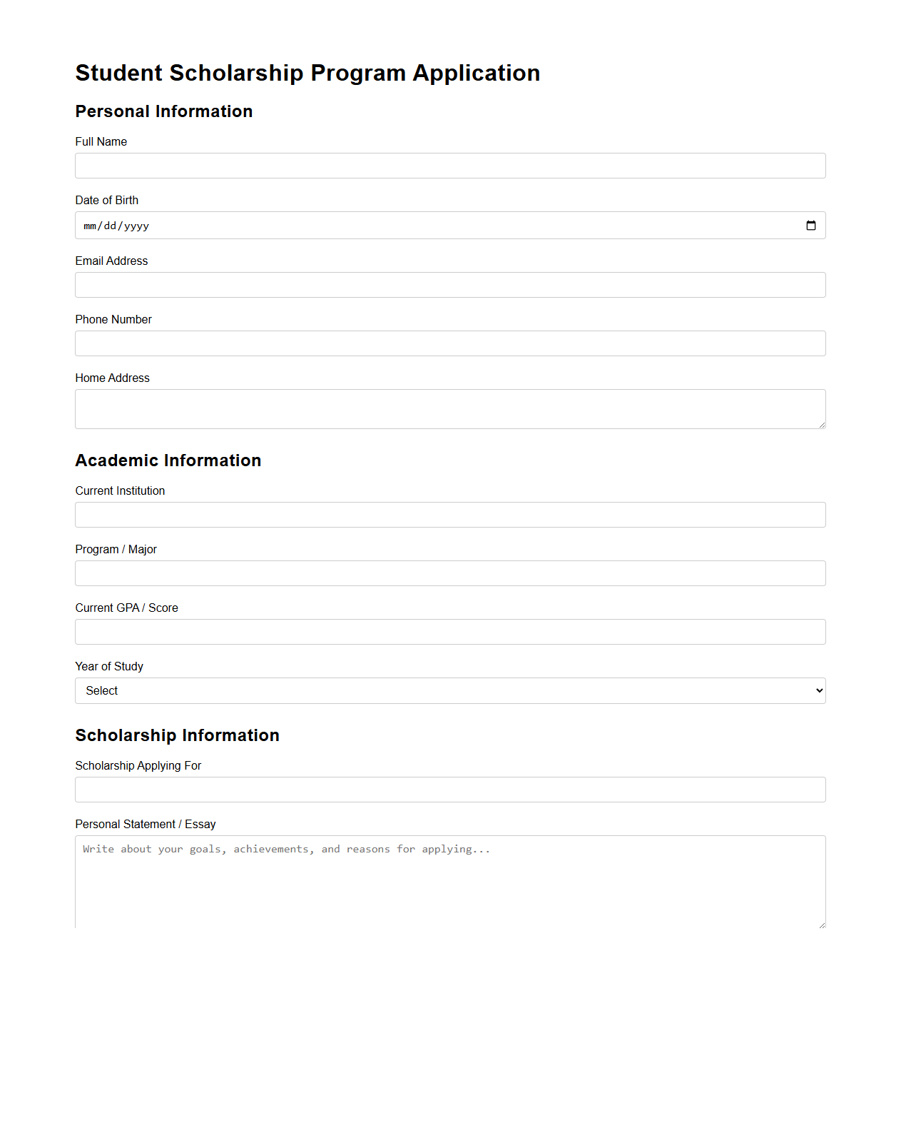 Student Scholarship Program Application Template
