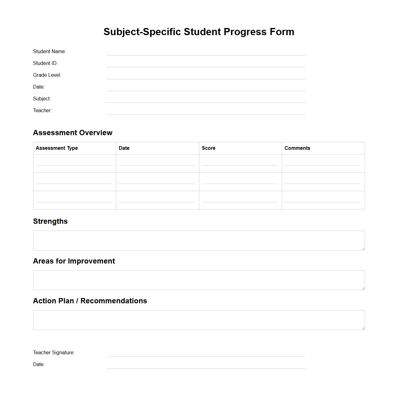 Subject-Specific Student Progress Form
