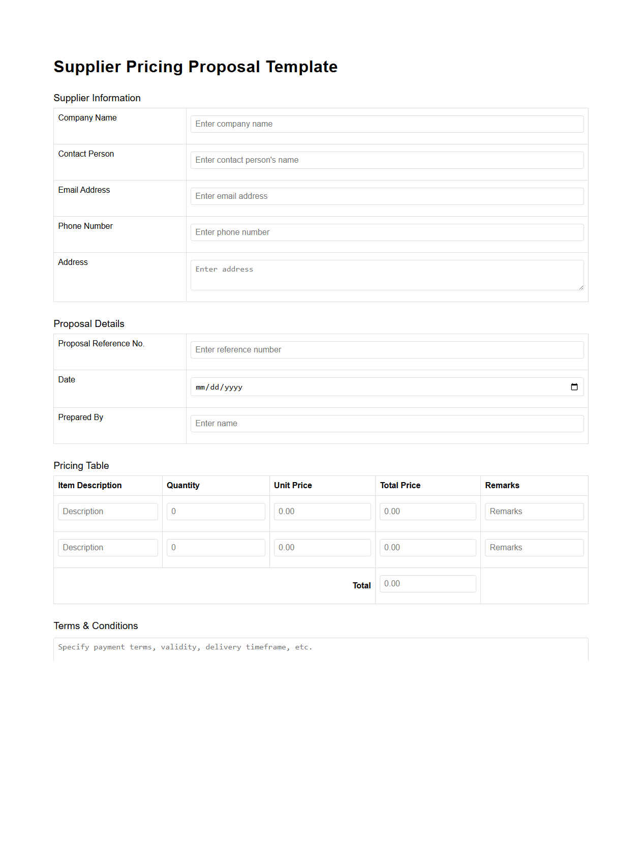 Supplier Pricing Proposal Template for Procurement