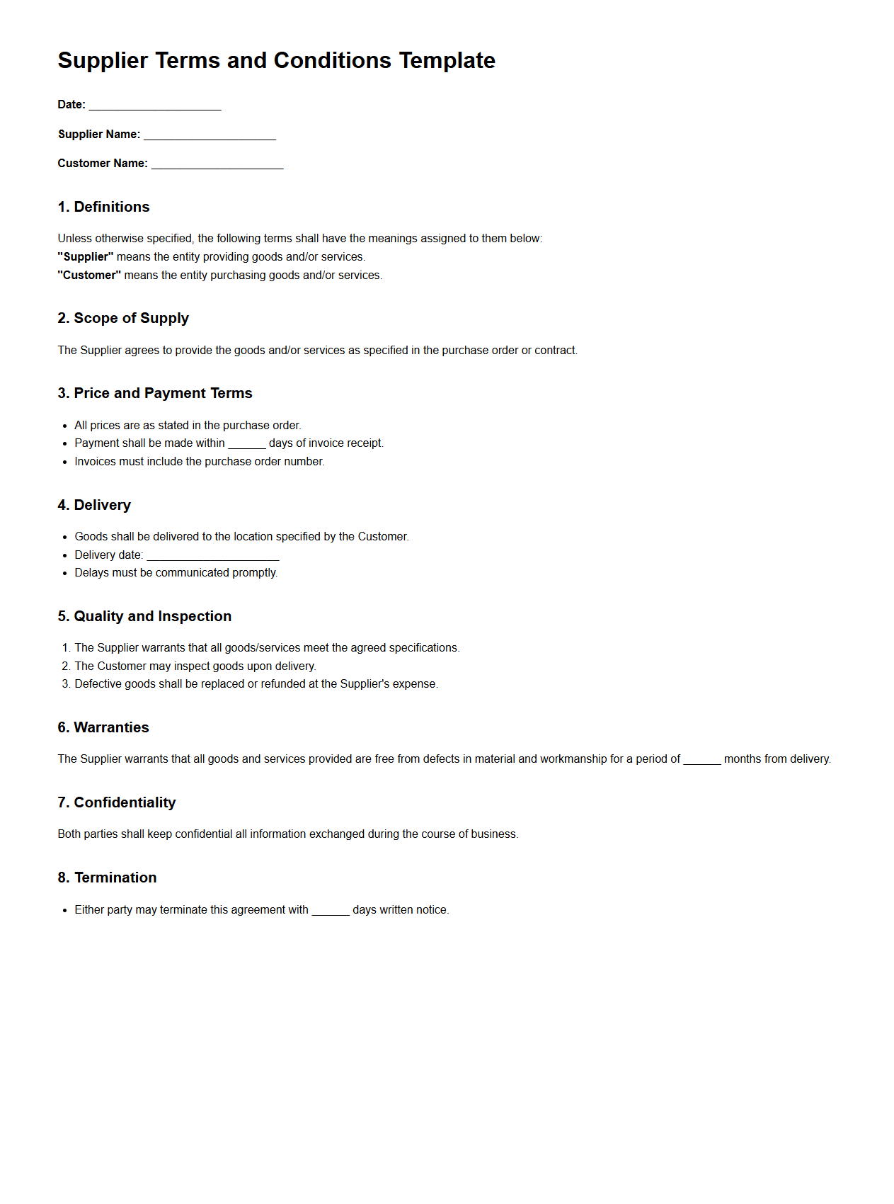 Supplier Terms and Conditions Template
