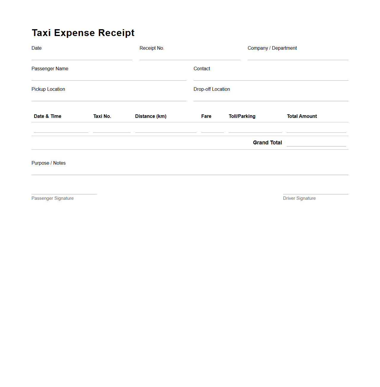 Taxi Expense Receipt Template