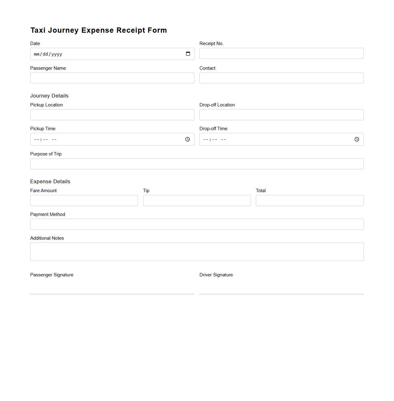 Taxi Journey Expense Receipt Form
