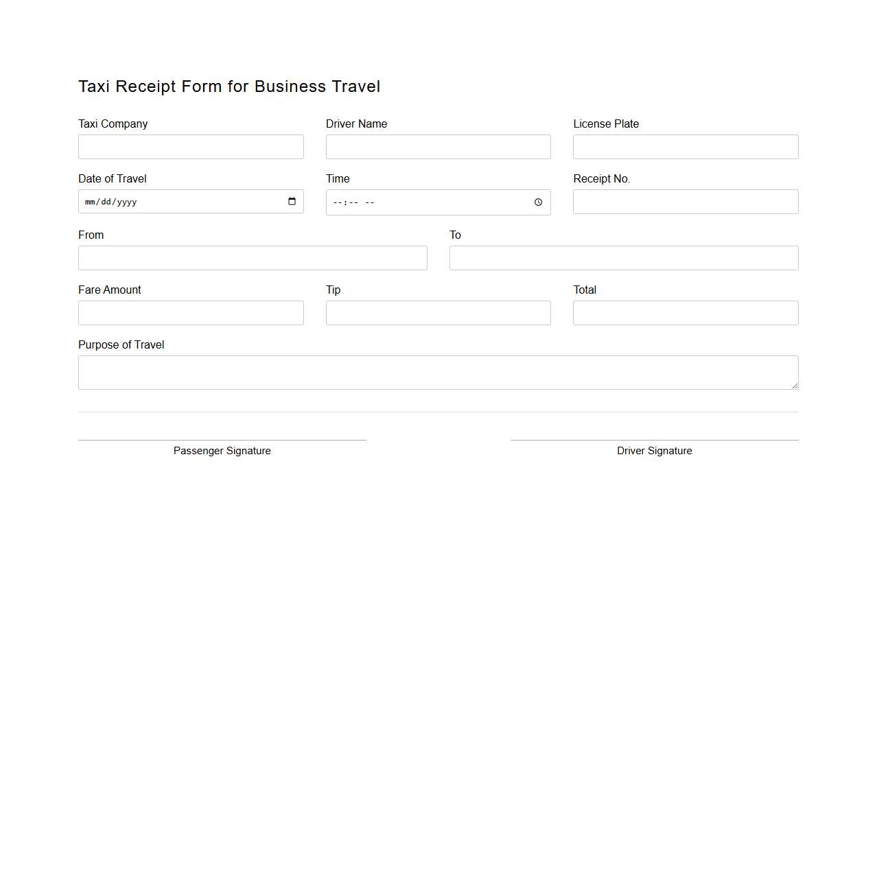 Taxi Receipt Form for Business Travel