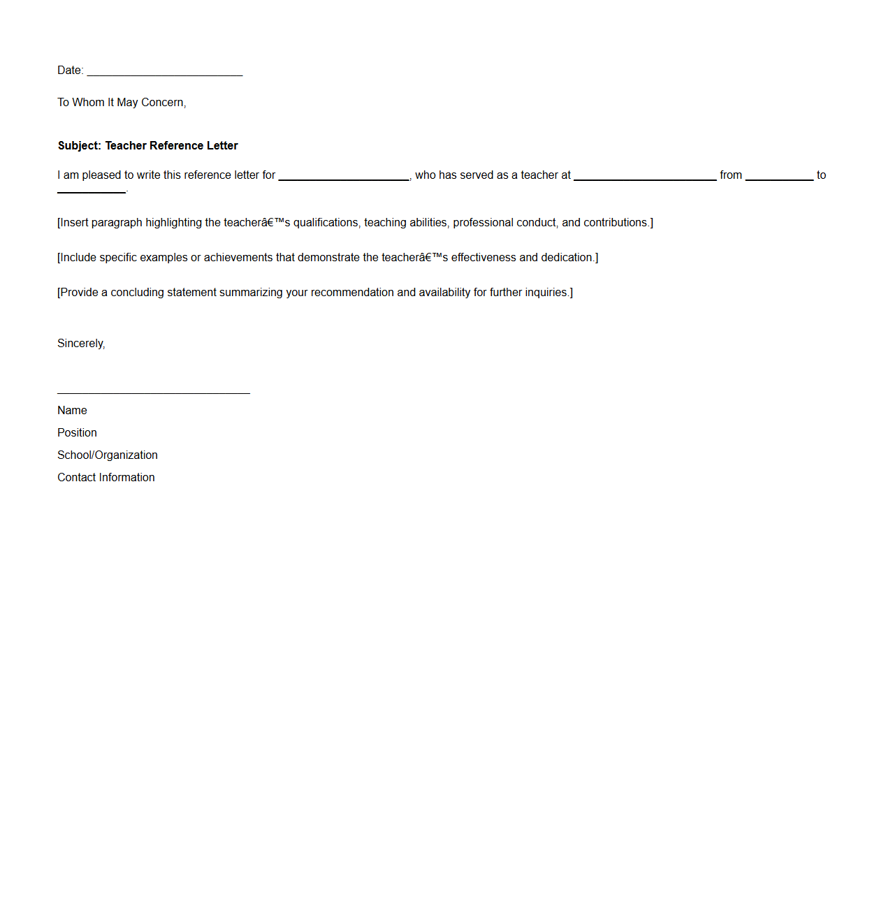 Teacher Reference Blank Letter Draft