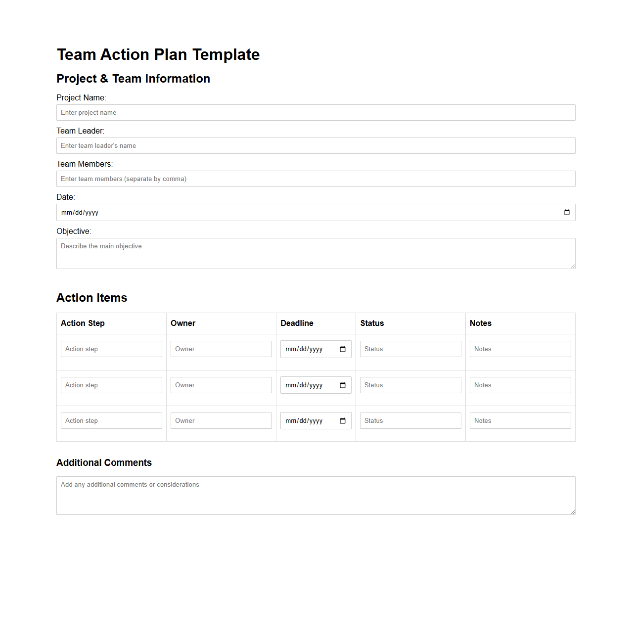 Team Action Plan Template