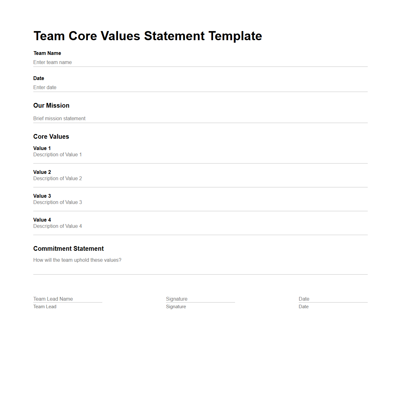 Team Core Values Statement Template
