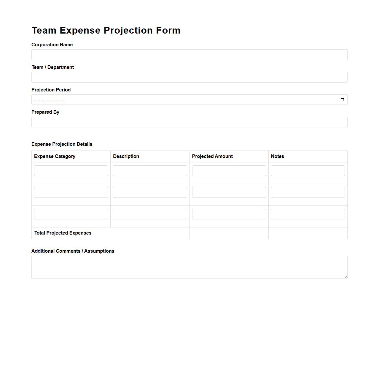 Team Expense Projection Form for Corporations