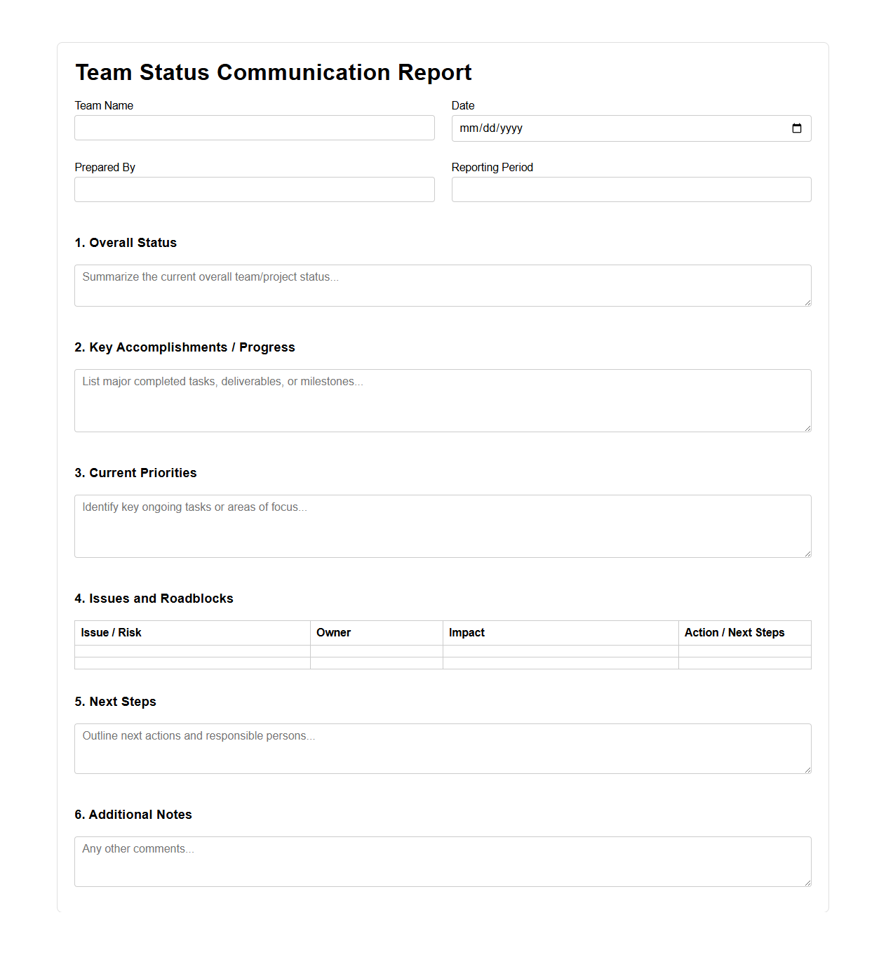 Team Status Communication Report Template
